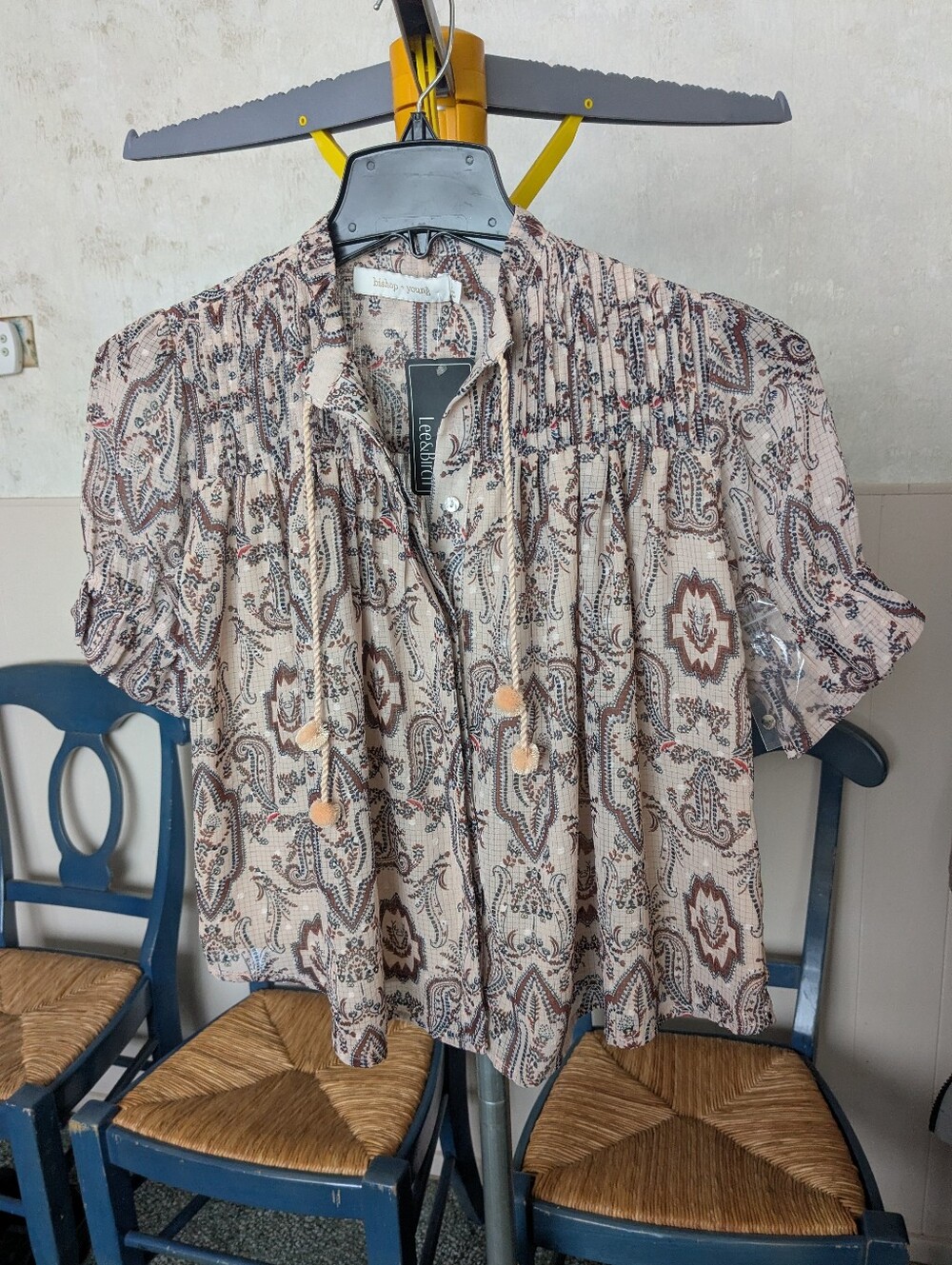 BISHOP & YOUNG Oversized Paisley Top, Swiss Dot w/Pom Pom Ties, Wmn Sz XS, NWT!